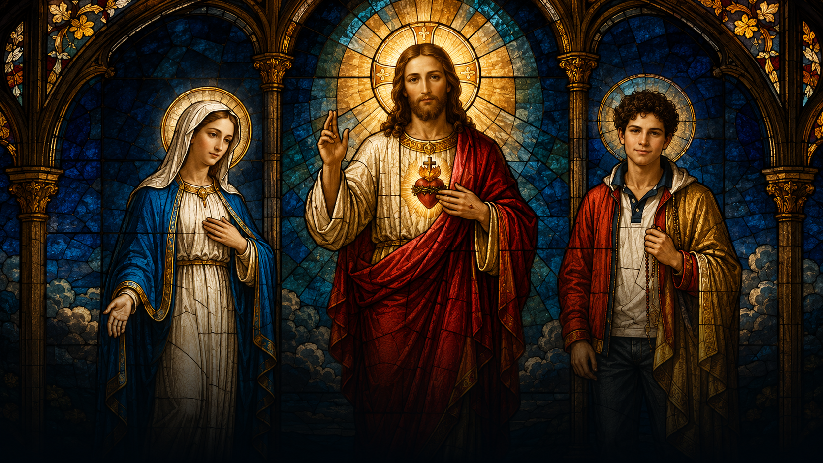 Vitral católico com Jesus, Maria e um jovem santo